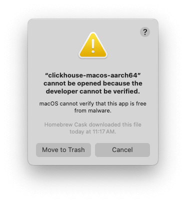 macOS 개발자 검증 오류 대화 상자