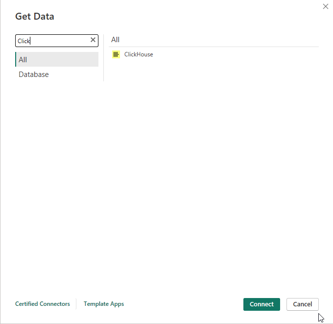검색창에서 ClickHouse를 검색한 Power BI Get Data 대화 상자