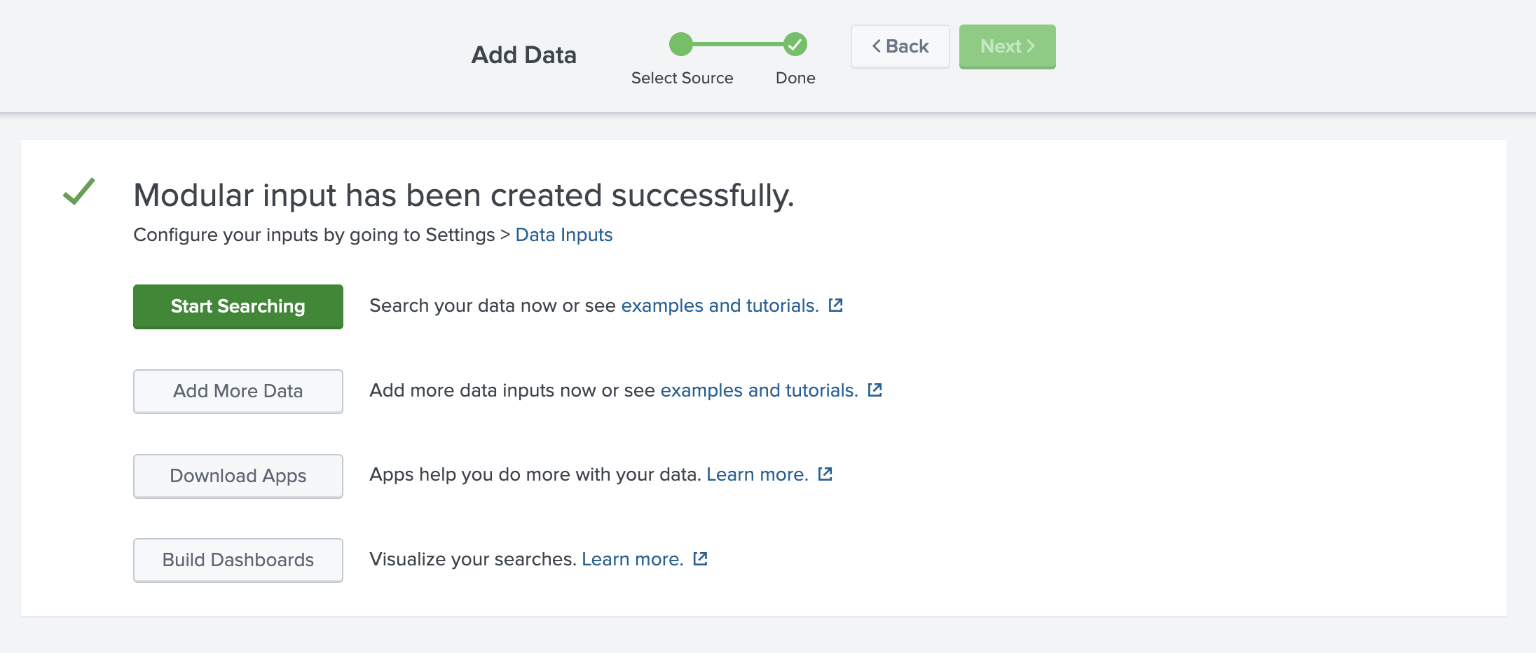 ClickHouse 데이터 입력 설정이 완료된 Splunk 구성 페이��지