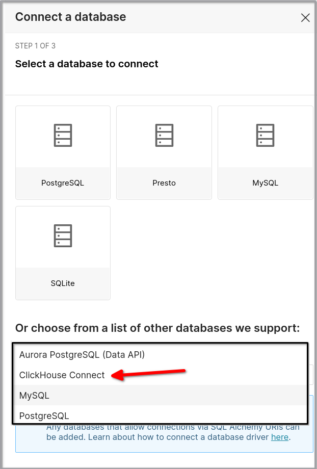 ClickHouse Connect 옵션이 선택된 Superset 데이터베이스 연결 마법사 화면