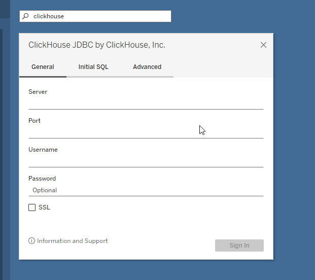 server, port, database, username, password 입력 필드가 있는 Tableau의 ClickHouse 연결 대화 상자